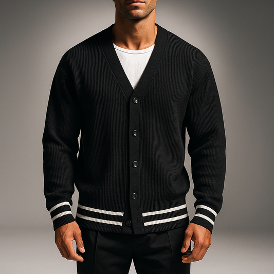 Men's Knit Ribbed Ribbed Cuffs Solid Black Winter Cardigan Black