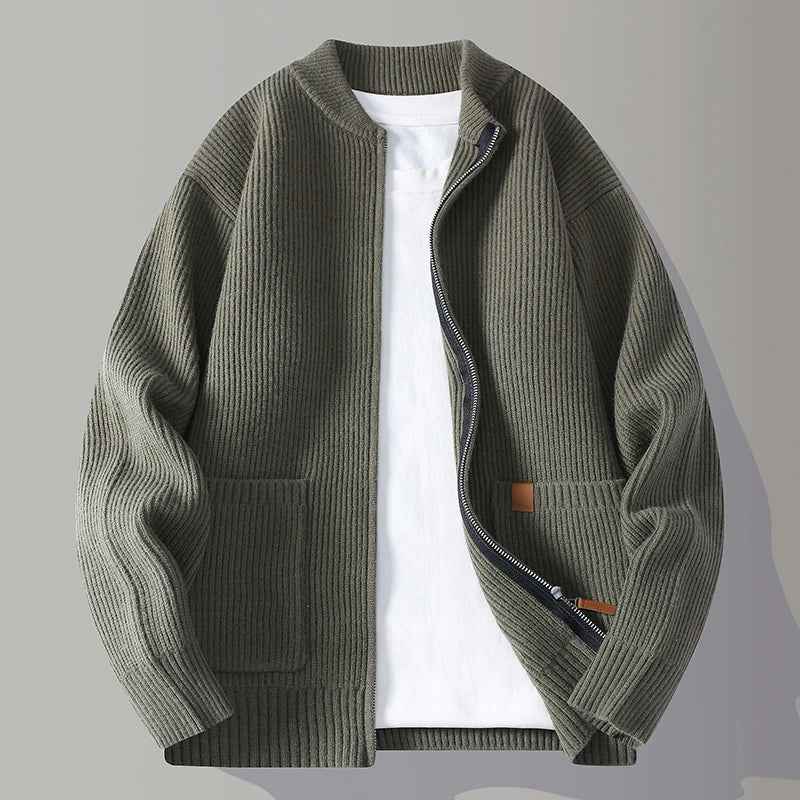 Women's Polyester Relaxed Fit Stand Collar Side Pockets Cardigan