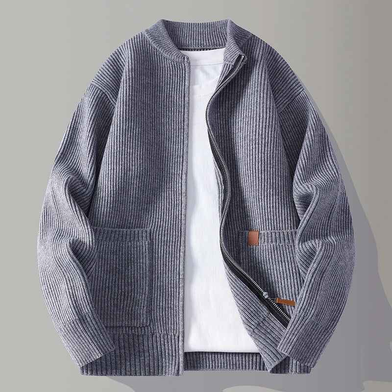Women's Polyester Relaxed Fit Stand Collar Side Pockets Cardigan