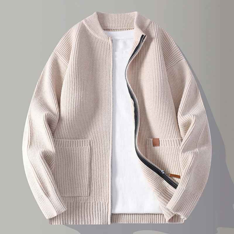 Women's Polyester Relaxed Fit Stand Collar Side Pockets Cardigan Beige