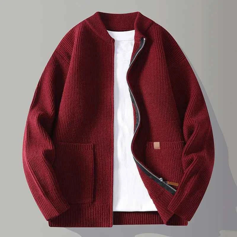 Women's Polyester Relaxed Fit Stand Collar Side Pockets Cardigan Red