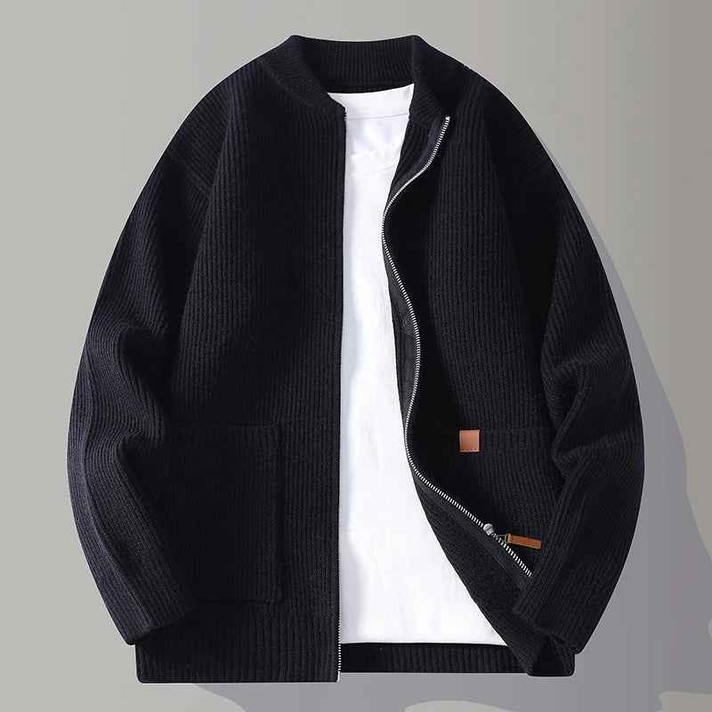 Women's Polyester Relaxed Fit Stand Collar Side Pockets Cardigan Black