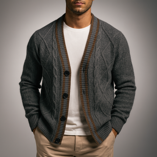 Men's Black Cable Knit Button Front Contrast Stripe Cardigan