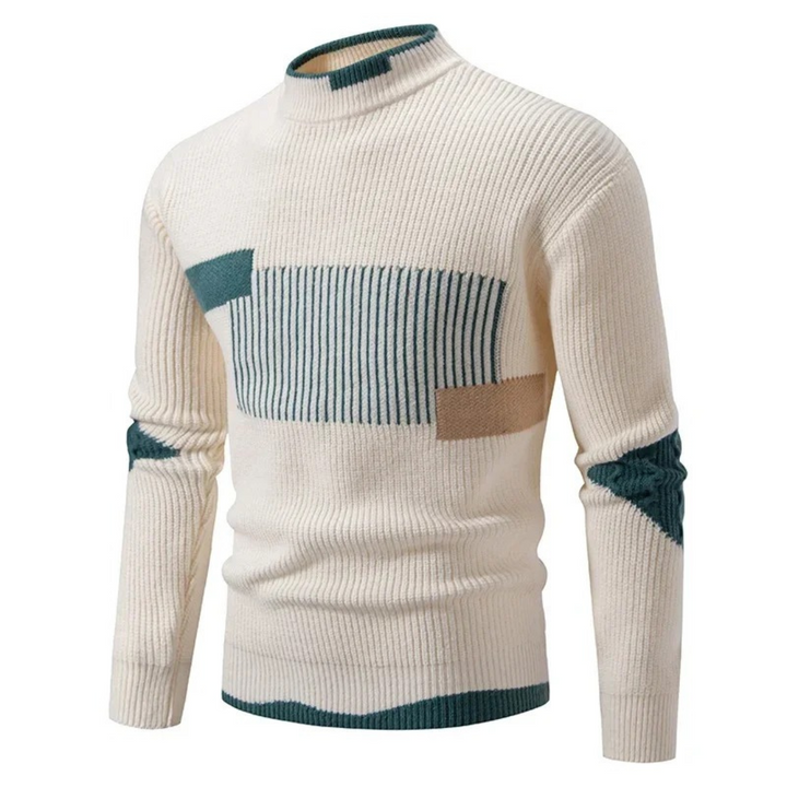 Men's Knitted Sweater – Regular Fit – Mock Neck – Geometric Pattern – Long Sleeve Geometric Beige
