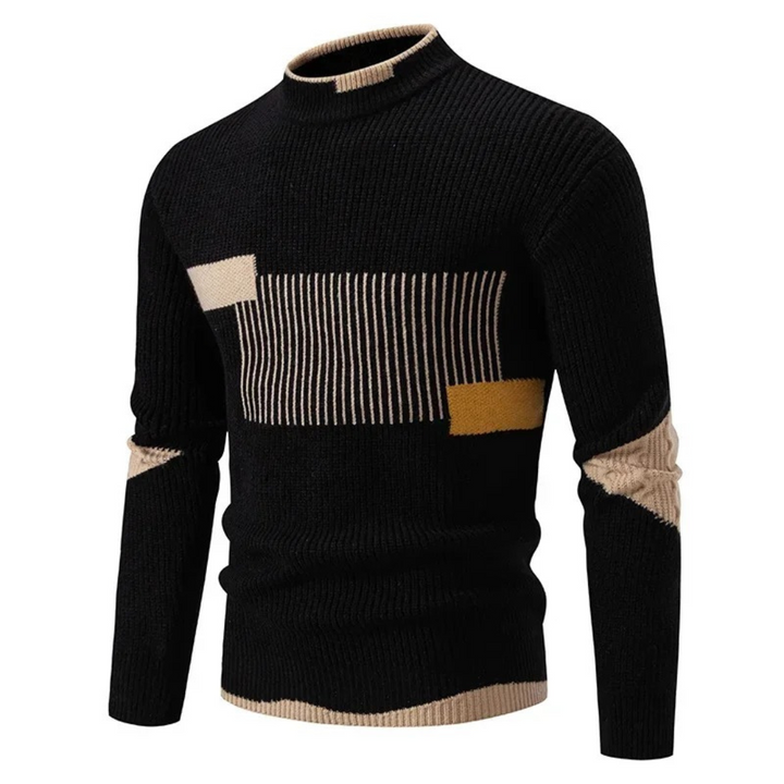 Men's Knitted Sweater – Regular Fit – Mock Neck – Geometric Pattern – Long Sleeve Black Geometric