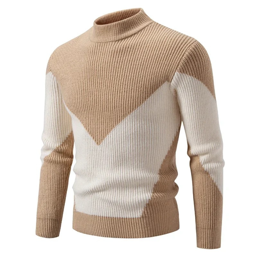 Men's Knitted Sweater – Regular Fit – Mock Neck – Geometric Pattern – Long Sleeve Beige Check