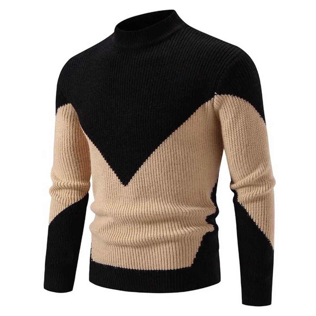 Men's Knitted Sweater – Regular Fit – Mock Neck – Geometric Pattern – Long Sleeve Black Check