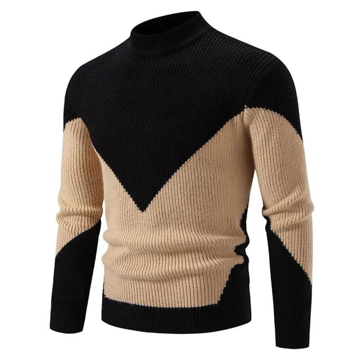 Men's Knitted Sweater – Regular Fit – Mock Neck – Geometric Pattern – Long Sleeve Black Check