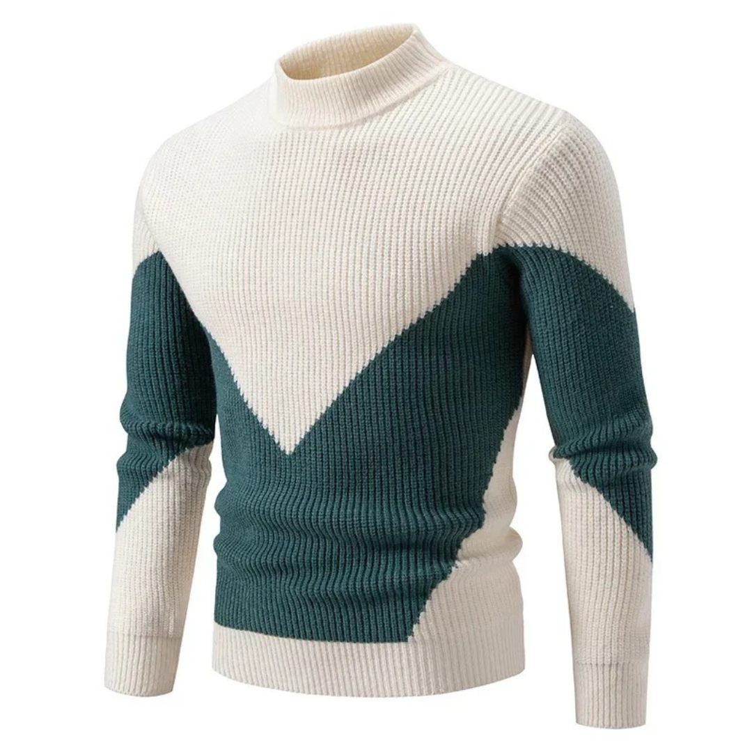 Men's Knitted Sweater – Regular Fit – Mock Neck – Geometric Pattern – Long Sleeve White Check
