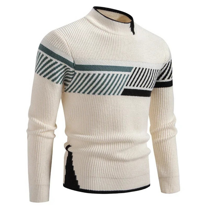Men's Knitted Sweater – Regular Fit – Mock Neck – Geometric Pattern – Long Sleeve Beige