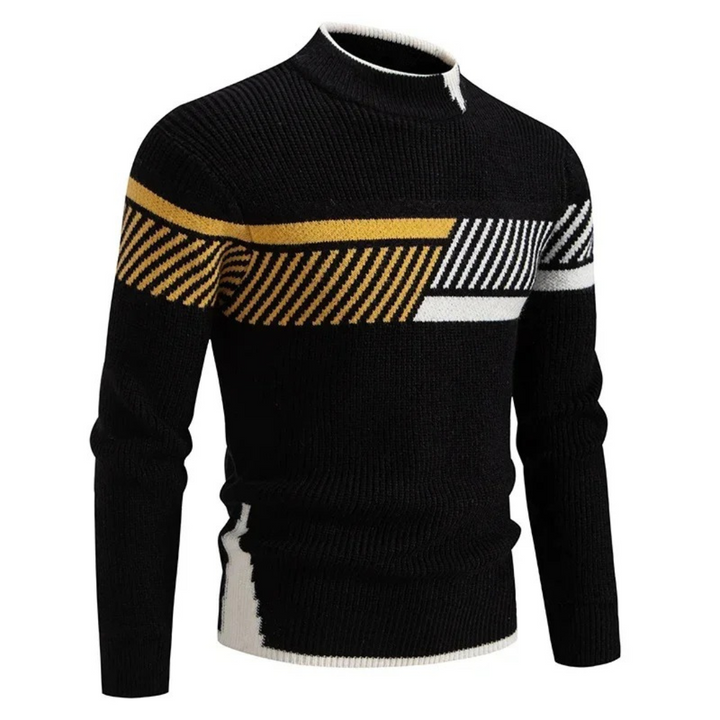 Men's Knitted Sweater – Regular Fit – Mock Neck – Geometric Pattern – Long Sleeve Black