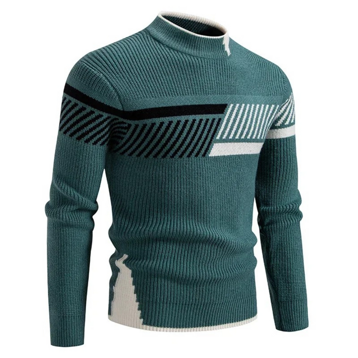Men's Knitted Sweater – Regular Fit – Mock Neck – Geometric Pattern – Long Sleeve Green