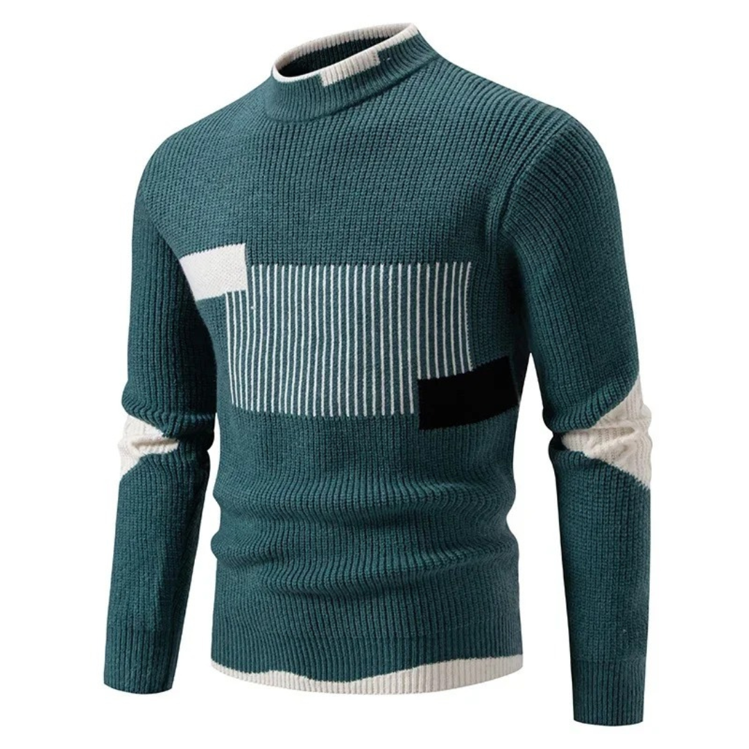 Men's Knitted Sweater – Regular Fit – Mock Neck – Geometric Pattern – Long Sleeve Green Geometric