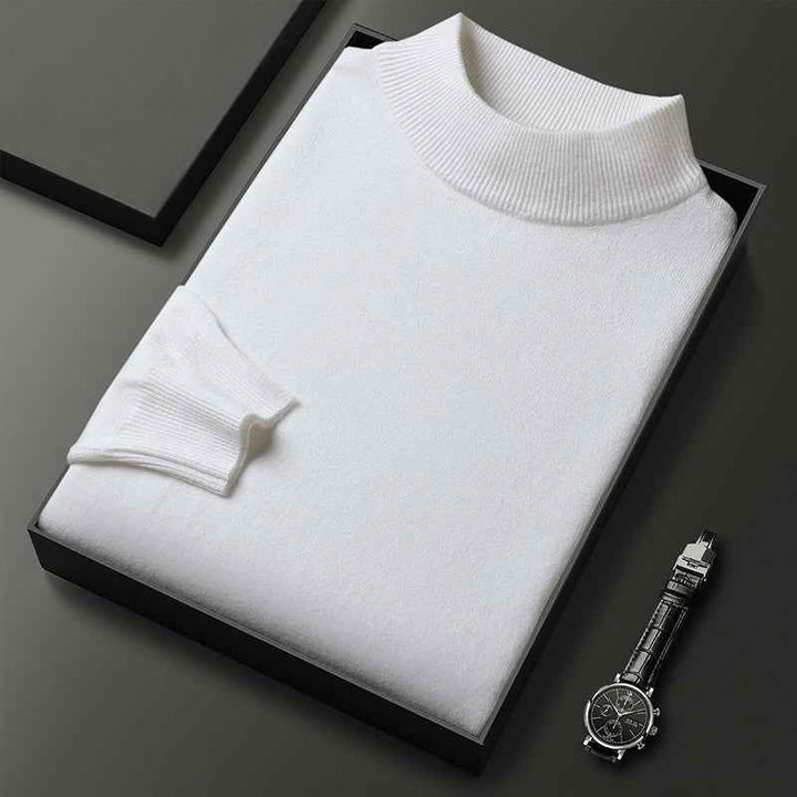Men's Knitted Turtleneck Sweater – Regular Fit with Ribbed Trims – Long Sleeves White