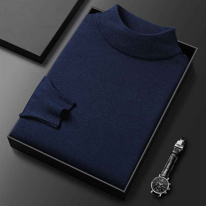 Men's Knitted Turtleneck Sweater – Regular Fit with Ribbed Trims – Long Sleeves Navy Blue