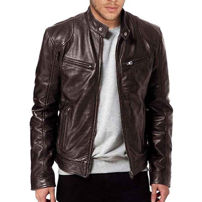Men's Leather Biker Jacket – Tailored Fit with Snap Collar & Zip Pockets Brown