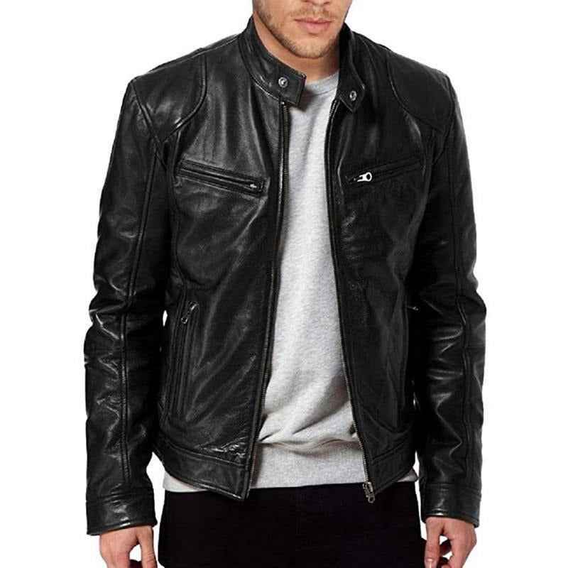 Men's Leather Biker Jacket – Tailored Fit with Snap Collar & Zip Pockets Black