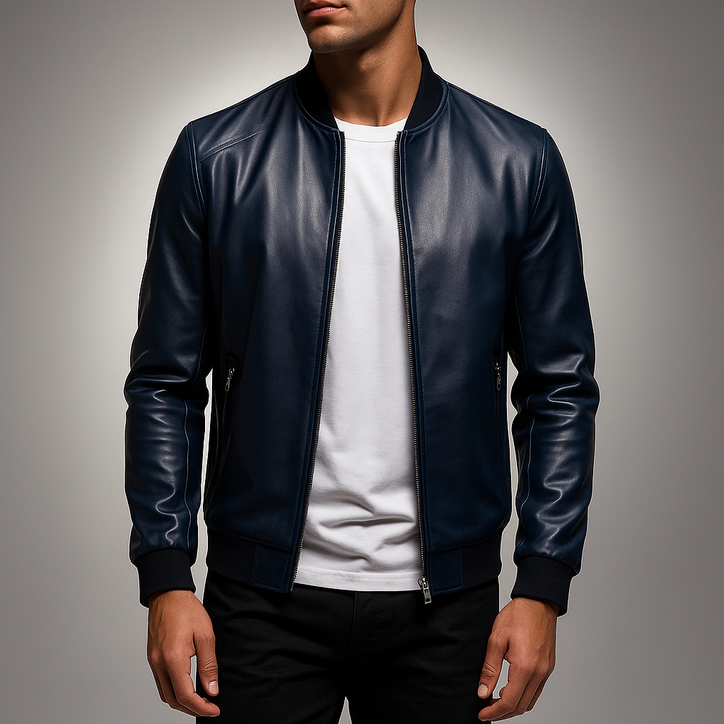 Men's Leather Coat - Stylish and Durable Outerwear Blue
