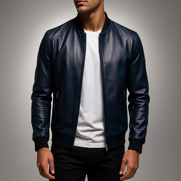 Men's Leather Coat - Stylish and Durable Outerwear Blue