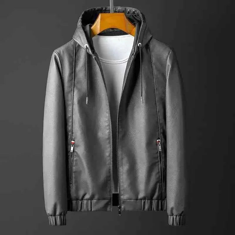 Men's Leather Hooded Jacket Gray