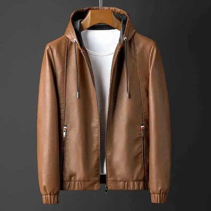 Men's Leather Hooded Jacket Brown