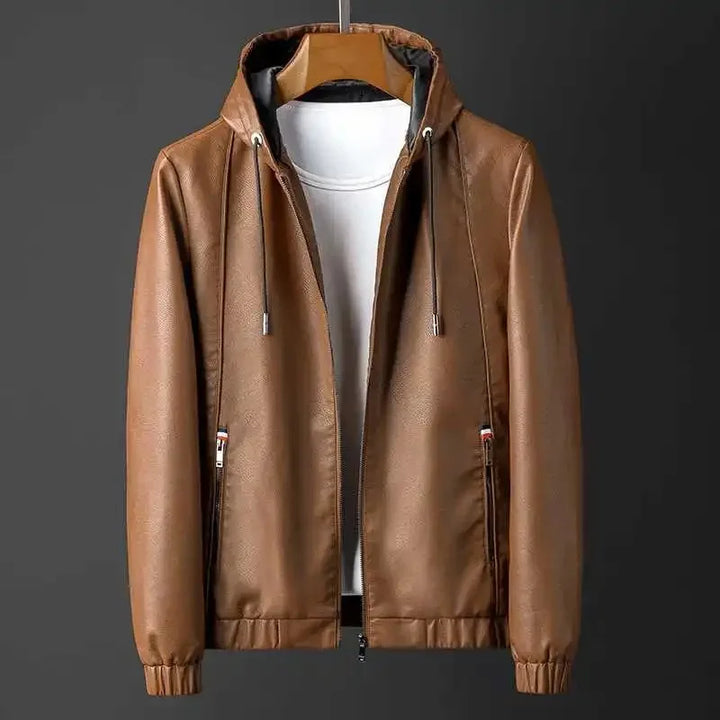 Men's Leather Hooded Jacket Brown
