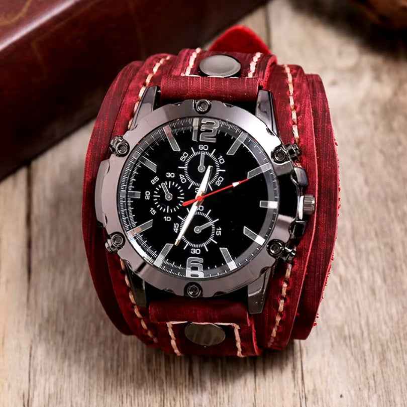Men's Leather Watch with Rugged Armor Design Red