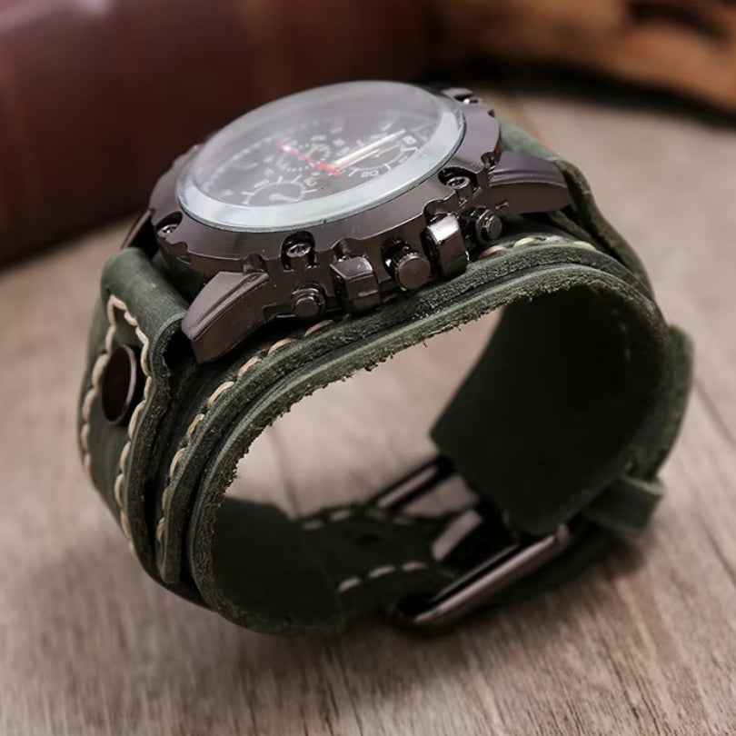 Men's Leather Watch with Rugged Armor Design