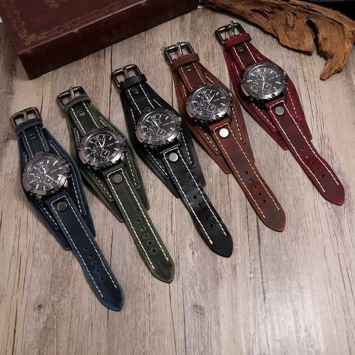 Men's Leather Watch with Rugged Armor Design