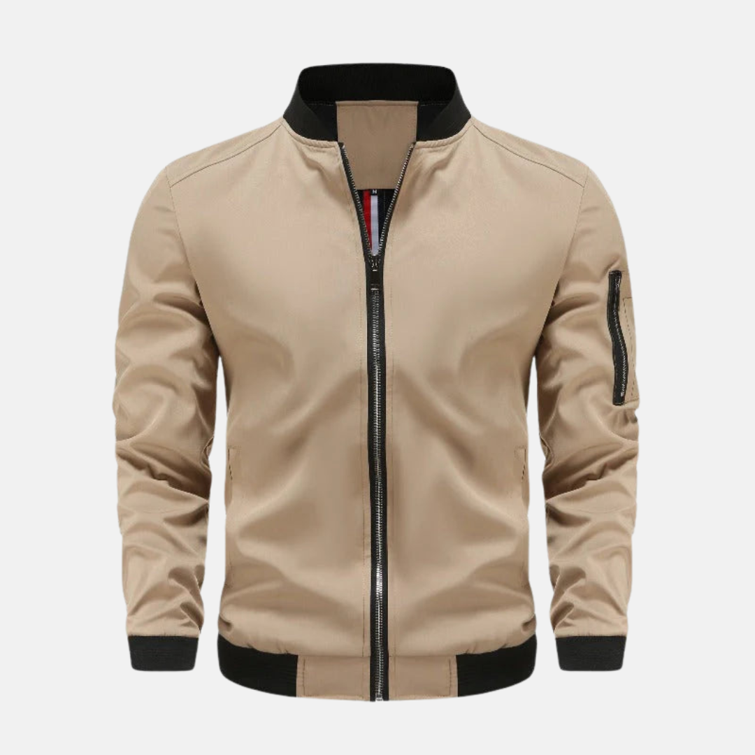 Men's Lightweight Bomber Jacket – Regular Fit – Zipper Closure with Sleeve Pocket Khaki