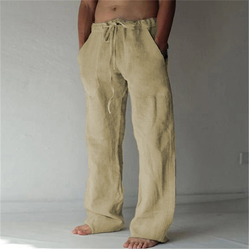 Men's Lightweight Linen Trousers | Long Fit Khaki