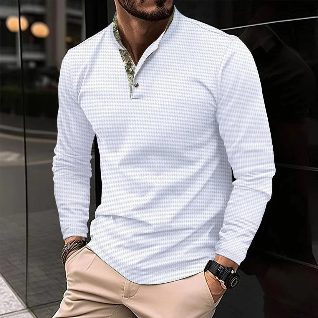 Men's Lightweight Long Sleeve Shirt – Subtle Checkered Design – Band Collar – Modern Fit White