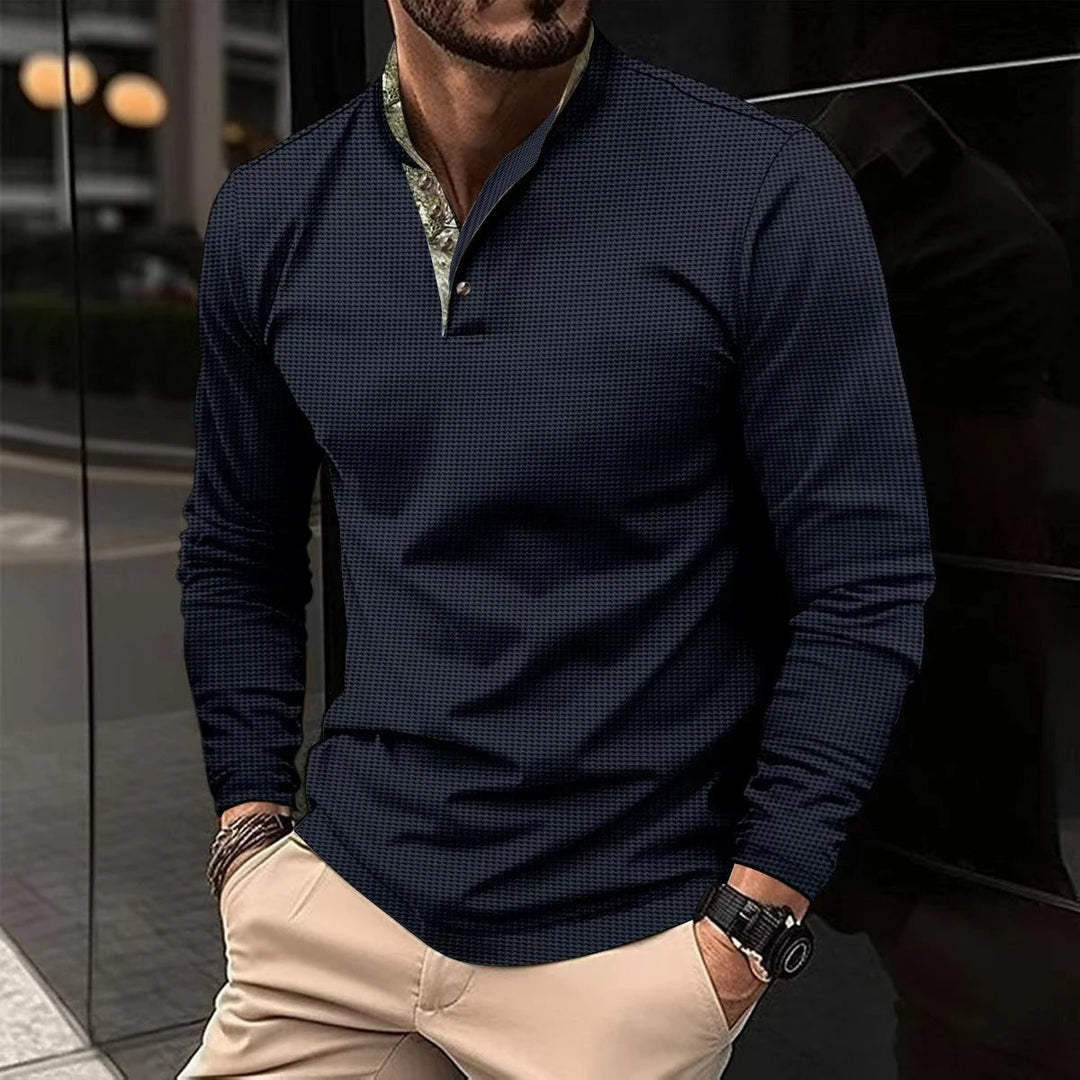 Men's Lightweight Long Sleeve Shirt – Subtle Checkered Design – Band Collar – Modern Fit Navy