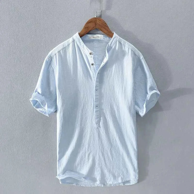 Men's Linen Henley Shirt Teal Blue