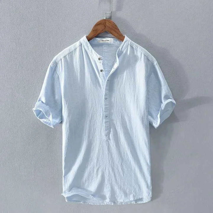 Men's Linen Henley Shirt Teal Blue