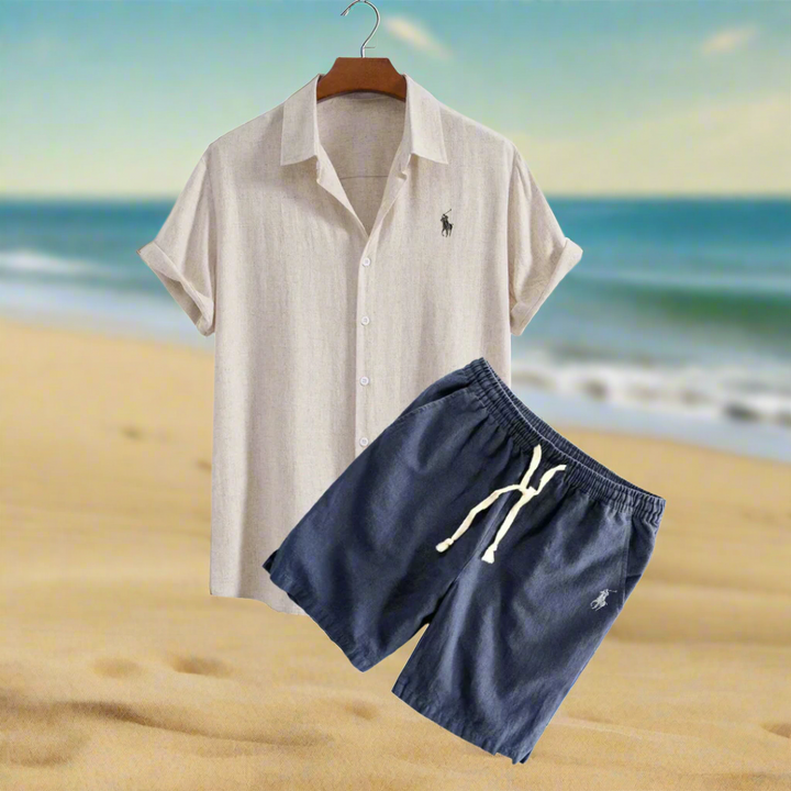 Men's Linen Shirt and Shorts Set – Summer Vacation Outfit Beige and Blue