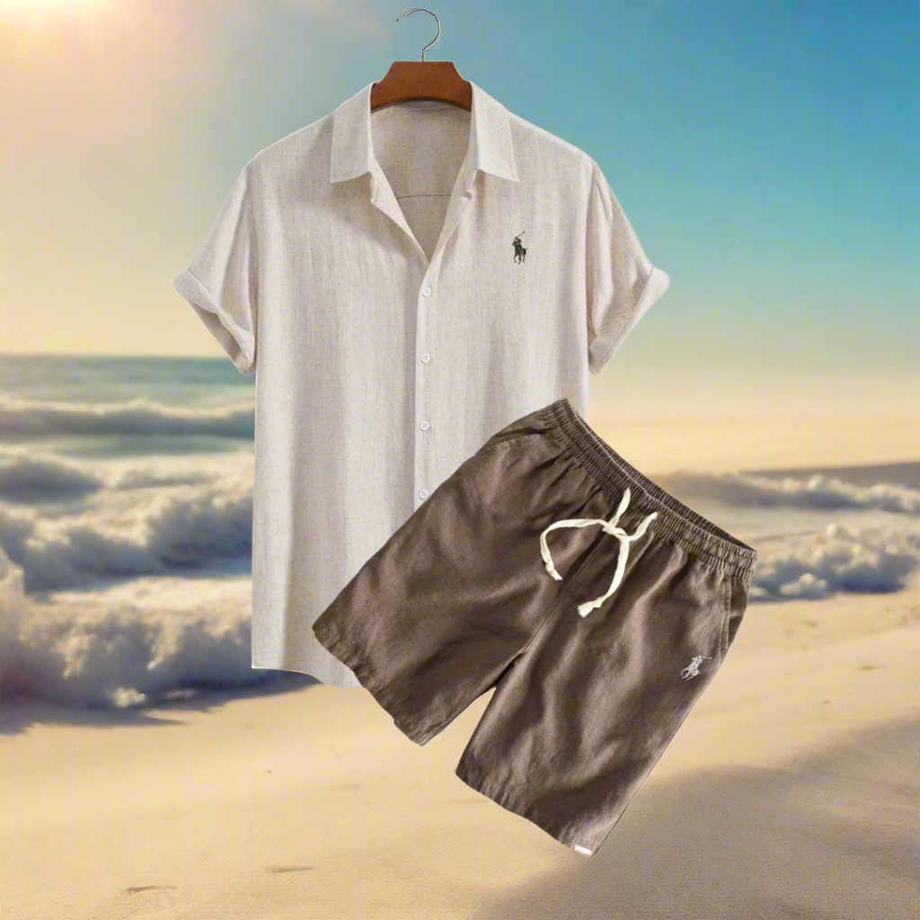 Men's Linen Shirt and Shorts Set – Summer Vacation Outfit Beige and Coffee
