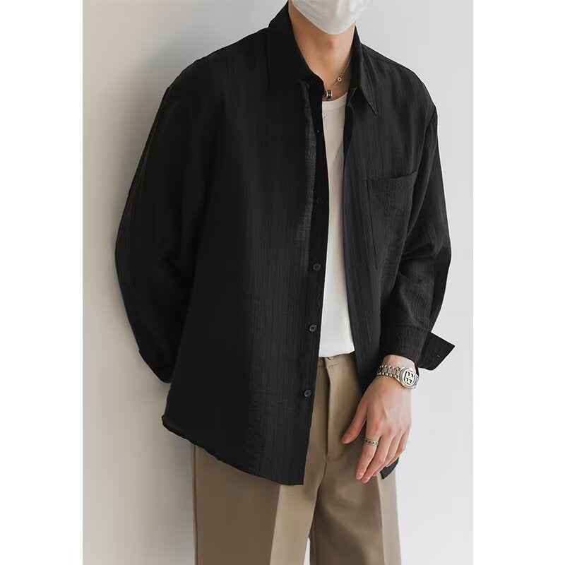 Men's Long Sleeve Casual Button-Down Shirt – Relaxed Fit & Breathable Black