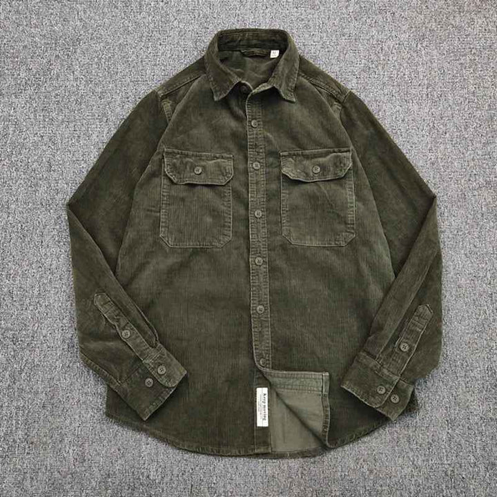 Men's Long Sleeve Corduroy Rib Shirt with Chest Pockets - Casual Fit Green