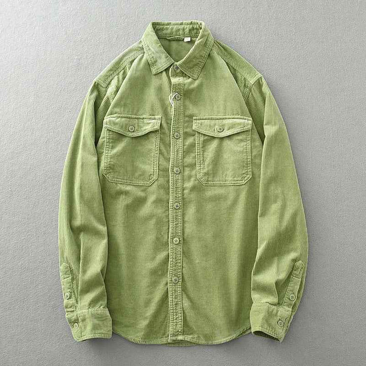 Men's Long Sleeve Corduroy Rib Shirt with Chest Pockets - Casual Fit Light Green
