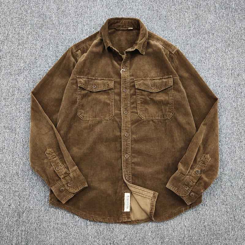 Men's Long Sleeve Corduroy Rib Shirt with Chest Pockets - Casual Fit Yellow