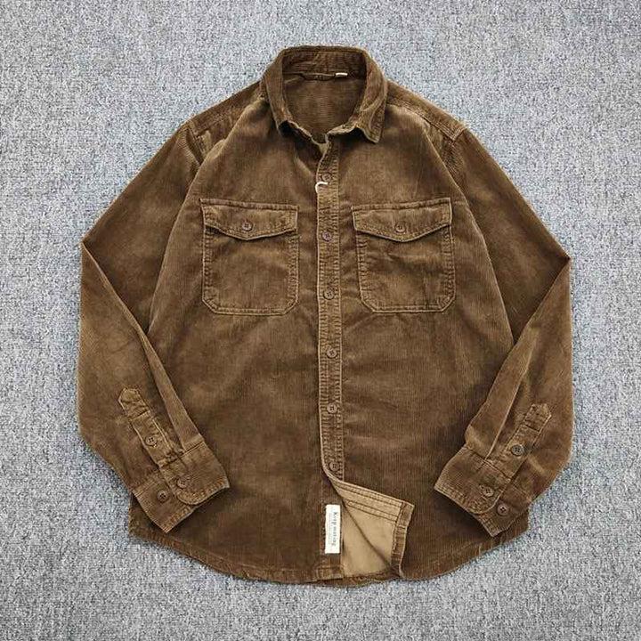 Men's Long Sleeve Corduroy Rib Shirt with Chest Pockets - Casual Fit Yellow