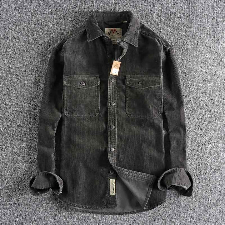 Men's Long Sleeve Corduroy Rib Shirt with Chest Pockets - Casual Fit Grey