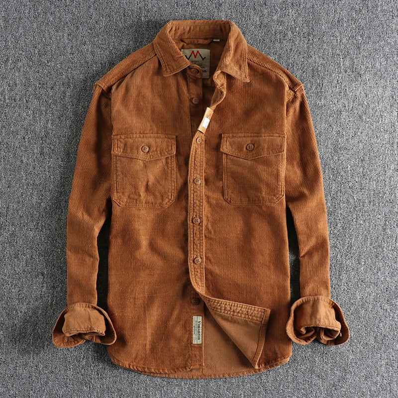Men's Long Sleeve Corduroy Rib Shirt with Chest Pockets - Casual Fit Coffee