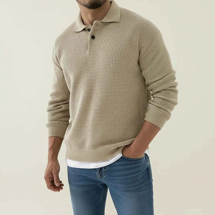 Men's Long-Sleeve Knit Polo Sweater Beige