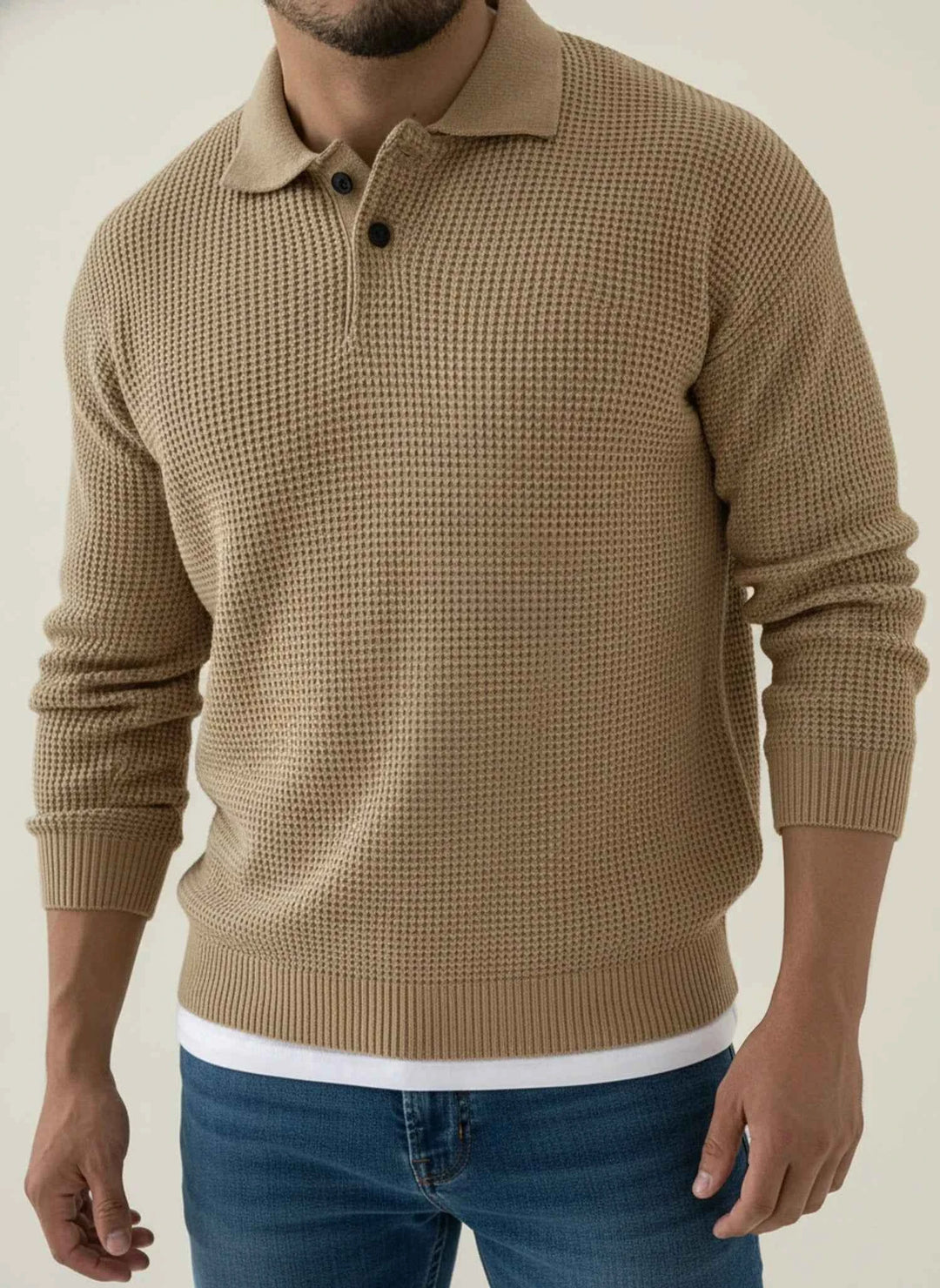 Men's Long-Sleeve Knit Polo Sweater Khaki