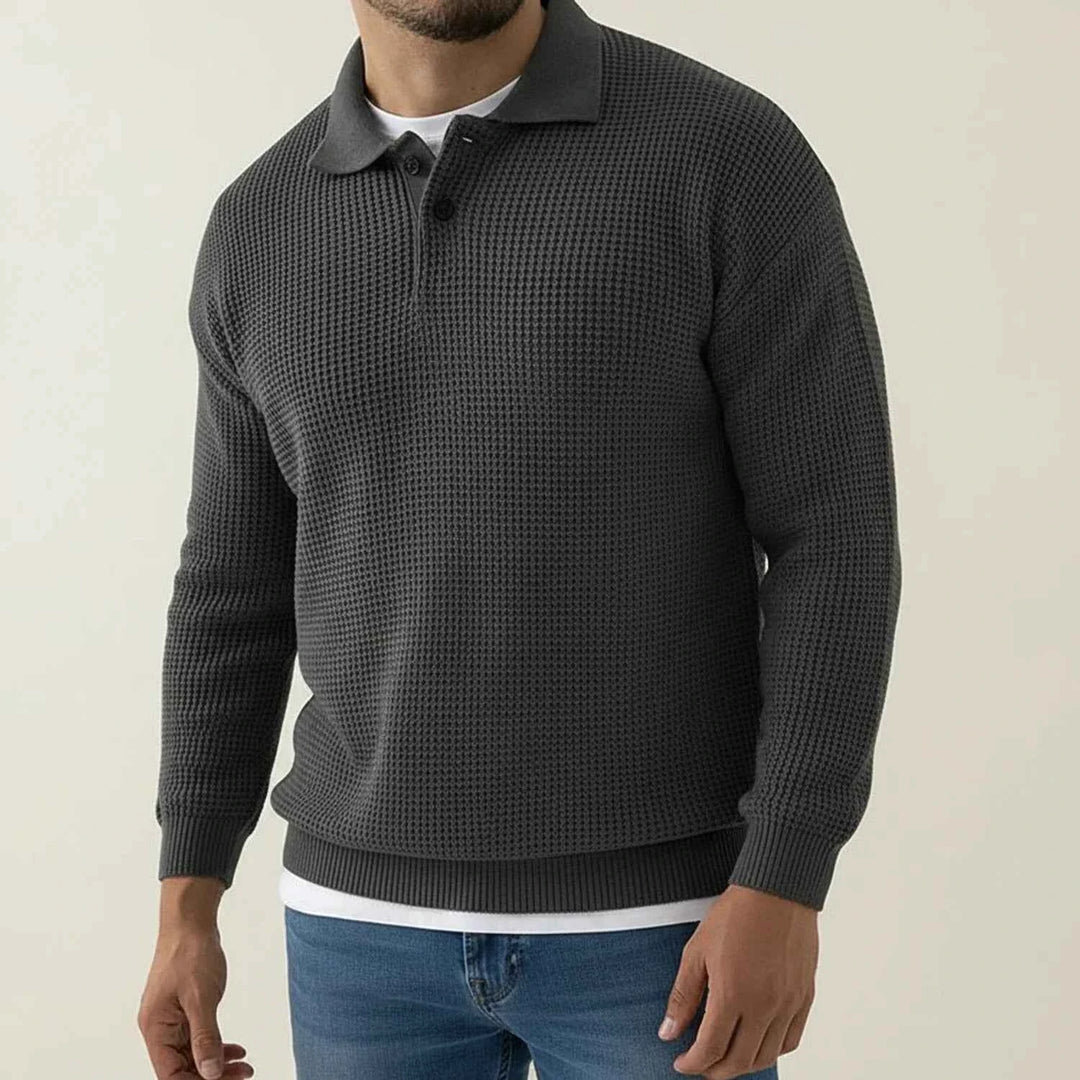 Men's Long-Sleeve Knit Polo Sweater Dark Grey