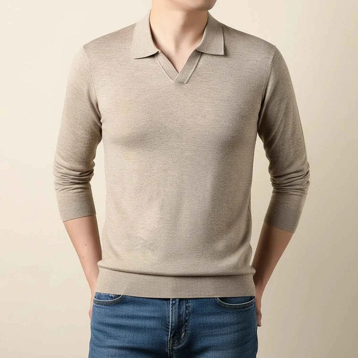 Men's Long-Sleeve Knit Polo Sweater Beige