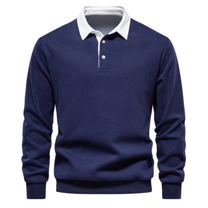 Men's Cotton Polo Shirt Slim Fit Dark Blue Black Long Sleeve Dark Blue