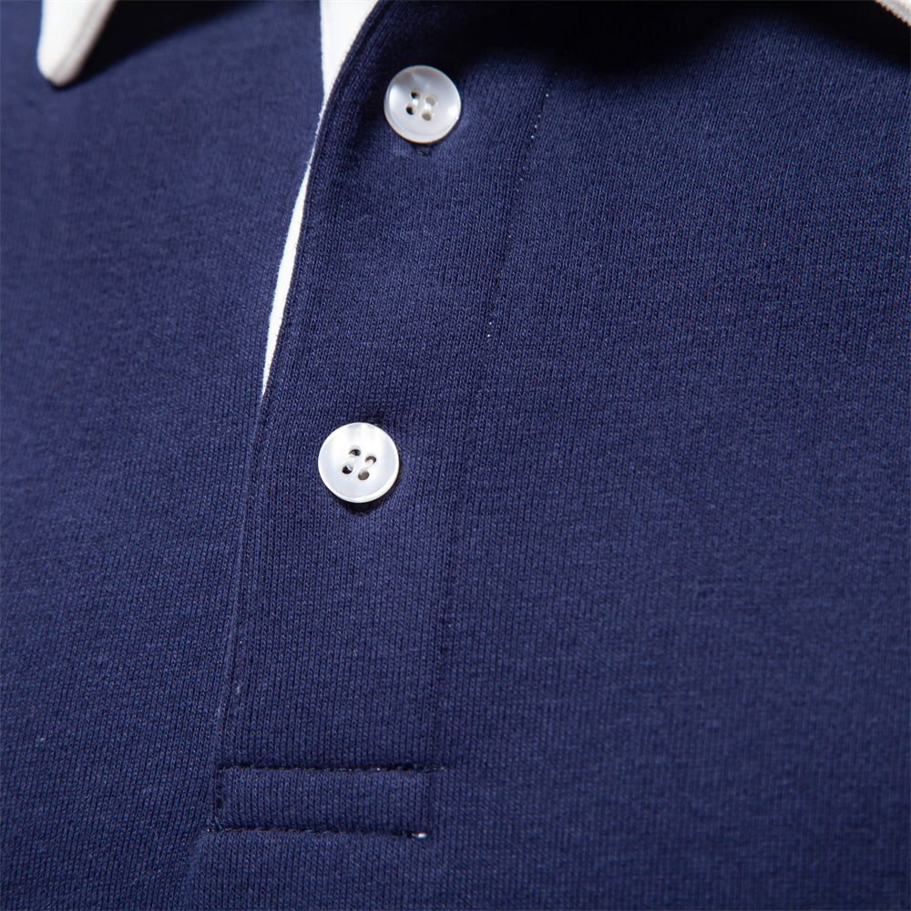 Men's Long Sleeve Polo Shirt - Contrast Collar - Breathable Cotton - Slim Fit